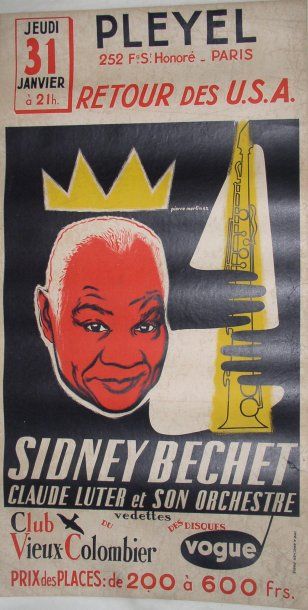 null affiche « Sydney Bechet Claude Luter et son orchestre retour des USA » à Pleyel...