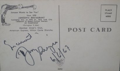 null carte postale du Janssens'restaurant de New York signée au dos par Dizzy Gillespie...