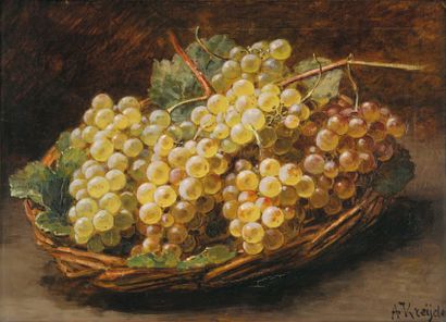 Alexis KREYDER Corbeille de raisins blancs Huile sur toile, signée en bas à droite,...