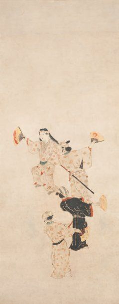 Anonyme, debut de la periode Edo Quatre danseurs, arborant chacun un eventail richement...