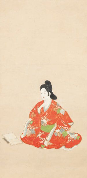 Anonyme, attribué à Moronobu Hishikawa (1618 - 94) Femme assise face a un livre,...