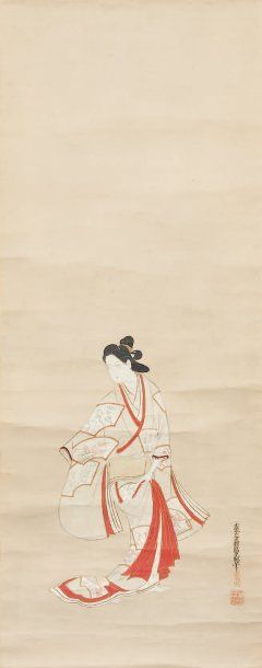 Tosa Mitsuoki (1617 - 91) (attribué à) Jeune femme debout, pieds nus, se retournant,...
