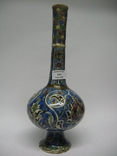 null Vase bouteille spherique a col tubulaire a decor floral polychrome. Iran, Kadjar,...