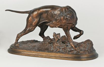 Pierre-Jules MENE (1810 - 1879) Chien de chasse se retournant Epreuve en bronze à...