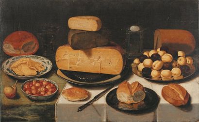 SCHOOTEN Floris Gerritsz van (Haarlem vers 1590 - vers 1655) Nature morte aux fromages,...