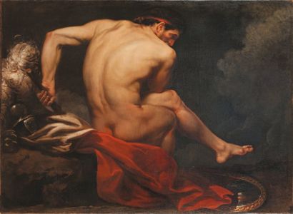 ECOLE FRANCAISE Vers 1760 Soldat grec Huile sur toile. 99 x 136 cm. Sur le châssis,...
