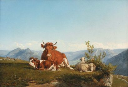 GUY Louis, 1824 - 1888 Vaches et moutons dans un paysage vallonné, 1853 (ou 1883?)...
