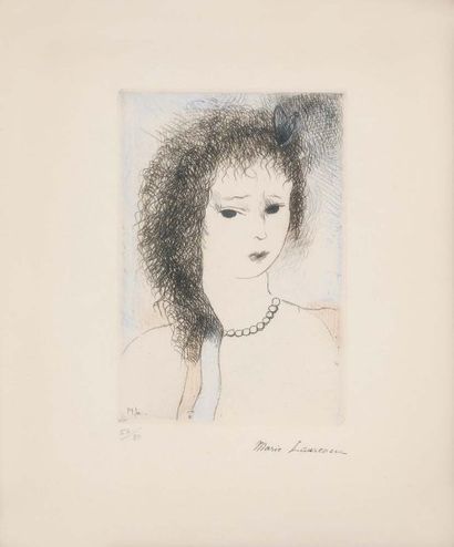 LAURENCIN Marie, 1883 - 1956 Buste de femme au collier de perles Eau-forte rehaussée...