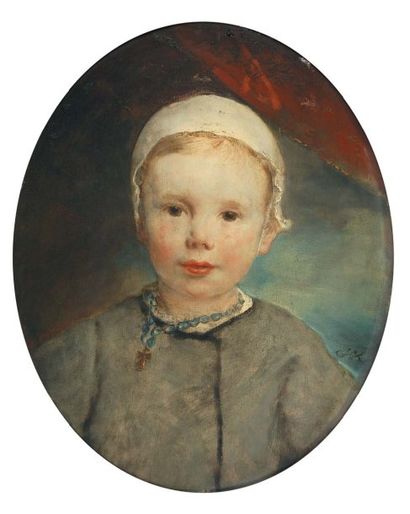 RICARD Louis Gustave, 1823 - 1873 Enfant au bonnet Huile sur panneau de format ovale...