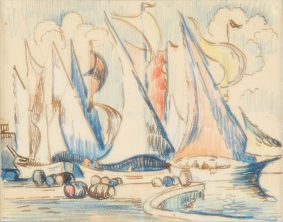 SIGNAC Paul, 1863 - 1935 Voiliers à quai Plume, encre brune et crayons de couleurs...