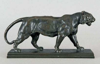 BARYE Antoine Louis, 1796 - 1875 Tigre qui marche Bronze à patine verte nuancée de...