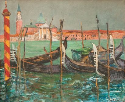 BELLANGER René Charles, 1895 - 1964 Venise, gondole amarée devant Saint - Georges...