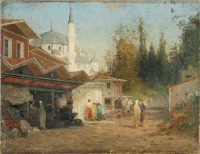 BREST Germain Fabius, 1823 - 1900 Echoppes près d'une mosquée, Constantinople Huile...
