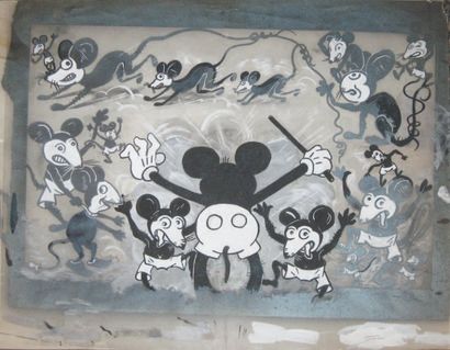 null Etonnant dessin ancien de caricatures de Mickey sur carton Mickey de dos orchestre...
