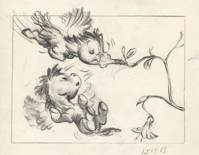 null Fantasia Studio Walt Disney 1940. Dessin de storyboard du bébé Pégase pour la...