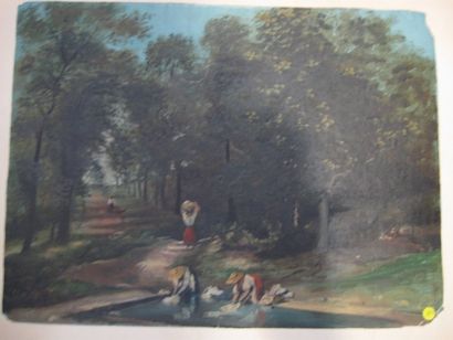 Ecole Française de la seconde moitié du XIXe siècle Lavandières en sous bois Huile...