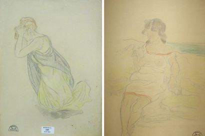 Suzanne CREPIN (1880-1956). Neuf jeunes femmes, dessin au crayon noir et de couleurs...
