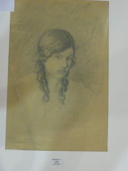 Suzanne CREPIN (1880-1956). Autoportrait de Suzanne CREPIN, dessin au crayon noir...