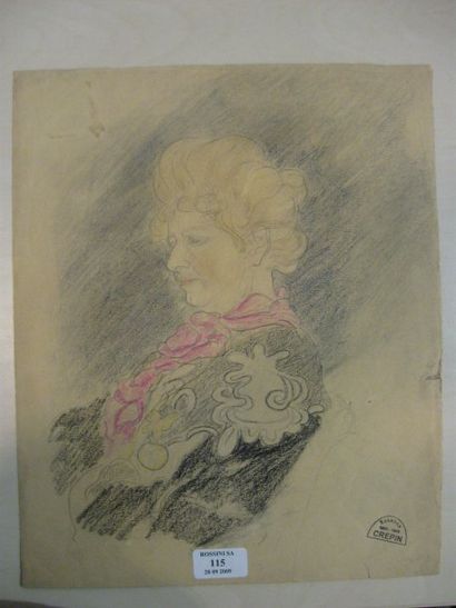 Suzanne CREPIN (1880-1956). Femme à l'écharppe mauve, dessin au crayon noir et crayon...