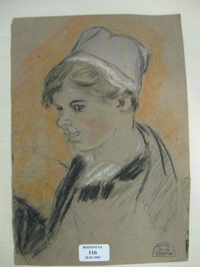 Suzanne CREPIN (1880-1956). Tête d'enfant, dessin au crayon noir réhaussé de crayon...