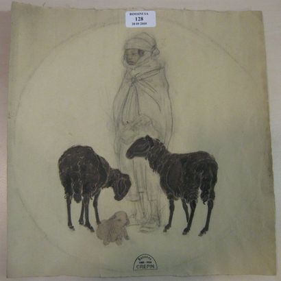 Suzanne CREPIN (1880-1956). Femme et trois moutons, dessin au crayon gras partiellement...