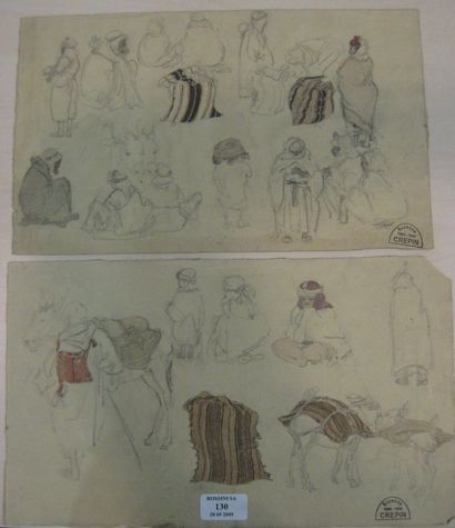Suzanne CREPIN (1880-1956). Deux planches d'études de personnages, d'animaux et de...