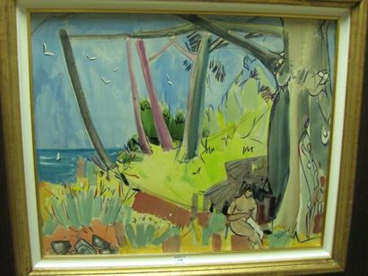 LEONARD Maurice, 1899-1971, Nu en bord de mer, technique mixte sur papier marouflé...