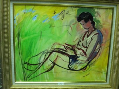 LEONARD Maurice, 1899-1971, la lecture, technique mixte sur papier marouflé sur toile,...