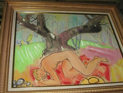 LEONARD Maurice, 1899-1971, Nu endormi, technique mixte sur papier marouflé sur toile,...