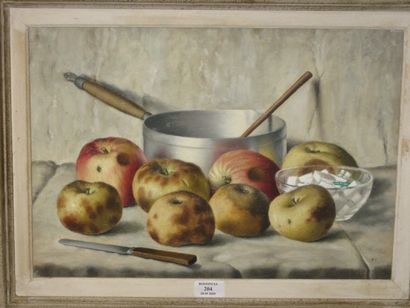 INTINI Paolo (né en 1921), Pommes et casserole, 1961 Huile sur toile, signée vers...