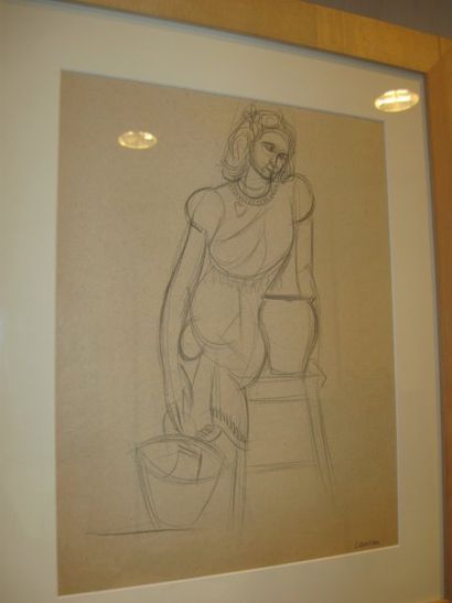 LAURAN André , 1922-2009, Jeune femme à la cruche , dessin à la mine de plomb, signé...