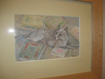 VERON Véronique, Née en 1927, Un chat parmi les livres, pastel 1993 , signé en bas...