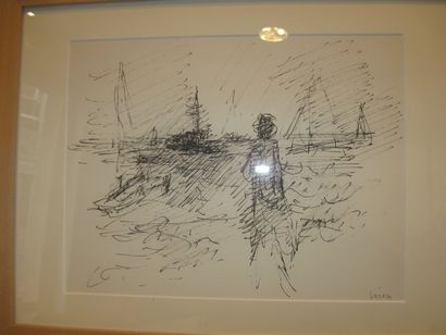 VERON Véronique, Née en 1927, Personnage en bord de mer, Cannes, dessin à l'encre,...