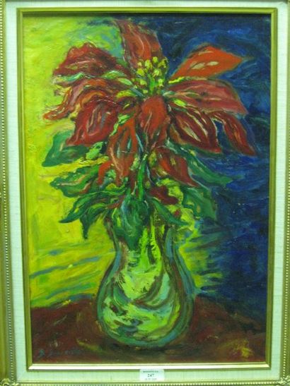 SOURDILLON Berthe, 1895-1976, Les fleurs rouges, huile sur isorel, signée en bas...