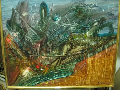CHALOU Pierre, 1942-2003, Composition, peinture sur toile, signé en bas à droite,...