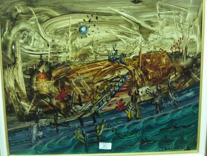 CHALOU Pierre, 1942-2003, Le port 1991, peinture sur papier marouflé sur toile ,...