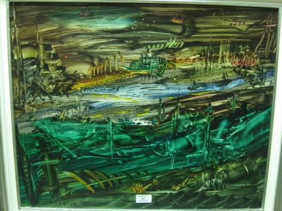 CHALOU Pierre, 1942-2003, Paysage fantastique 1991, peinture sur papier marouflé...