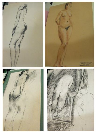 MARCELLE FIACRE 1914-2006 16 nus féminins, dessins au crayon gras et à la sanguine...