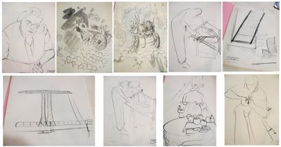MARCELLE FIACRE 1914-2006 15 dessins, "personnages", "ponts", "scènes de rue" 