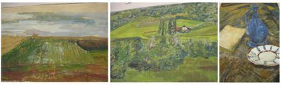 MARCELLE FIACRE 1914-2006 Nature morte et deux paysages, huile sur toile