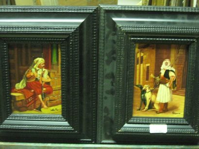 ECOLE MODERNE, "Oriental et ses chiens" , "Oriental assis", deux peintures sur panneaux...