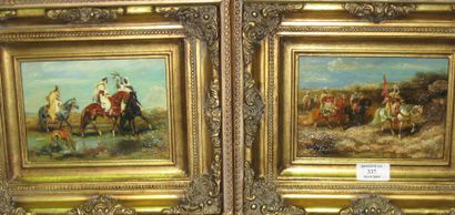 ECOLE MODERNE, " les fauconniers " , "cavaliers arabes", deux peintures sur panneaux...