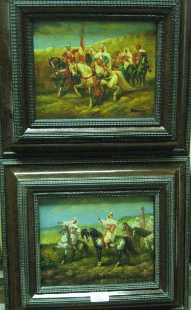 ECOLE MODERNE, "Cavaliers à l'étendard " , "Cavaliers arabes ", deux peintures sur...