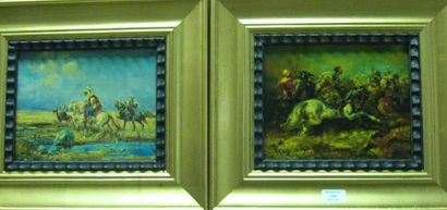 ECOLE MODERNE, "La charge" , " Cavaliers près de l'Oued ", deux peintures sur panneaux...