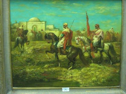 ECOLE MODERNE, Cavaliers devant la ville, peinture sur toile, 50 x 61 cm