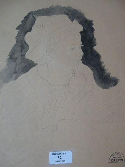 Suzanne CREPIN (1880-1956). Enfant à la coiffe, dessin au crayon noir sur fond de...