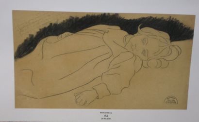 Suzanne CREPIN (1880-1956). L'enfant couché, dessin au crayon noir sur fond au crayon...