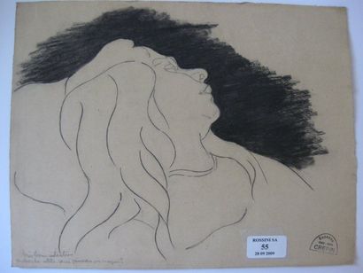 Suzanne CREPIN (1880-1956). Jeune femme au cheveux longs, dessin au crayon noir sur...