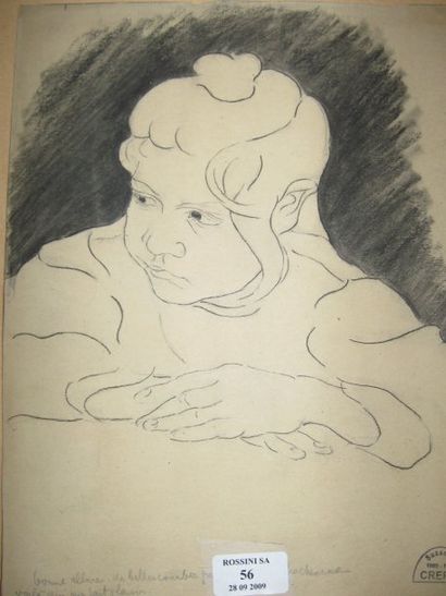 Suzanne CREPIN (1880-1956). Enfant rêveur, dessin au crayon noir sur fond de crayon...