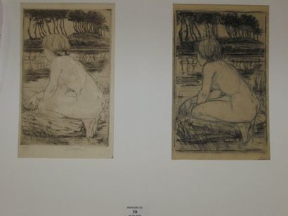 Suzanne CREPIN (1880-1956). Femme au bord d'un étang, dessin au crayon gras et gravure...